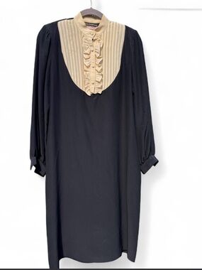 Vintage 1960s Black Ruffled Neckline Bishop Sleeve Silk Joseph Magnin Size 10